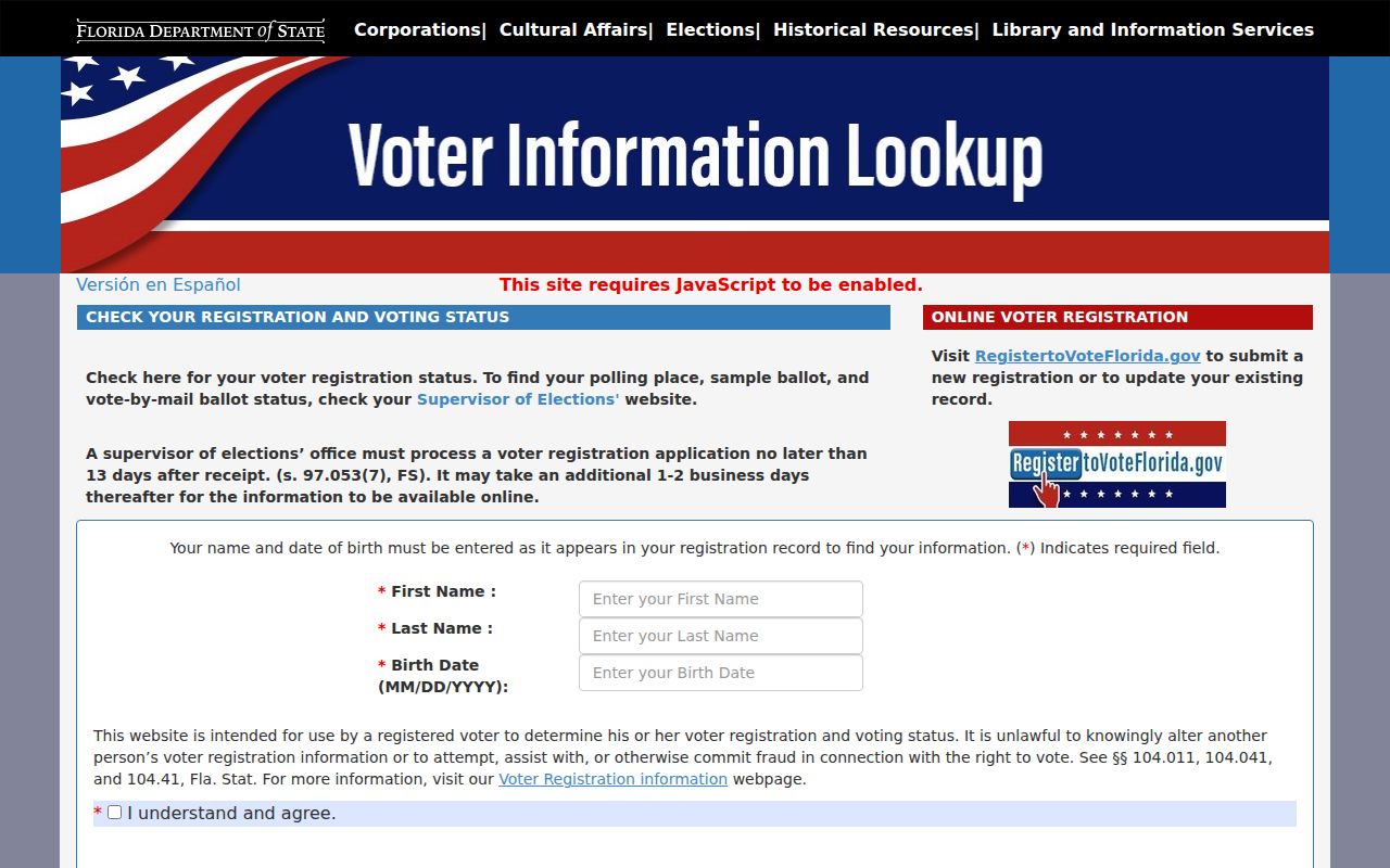 Florida voter status verification form for an individual Port St. Lucie neighbor record