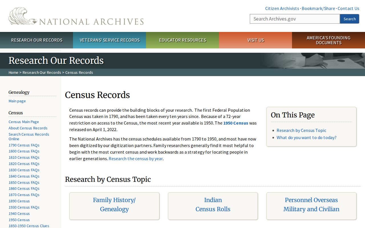 National Archives census research page used to identify past St. Lucie County households
