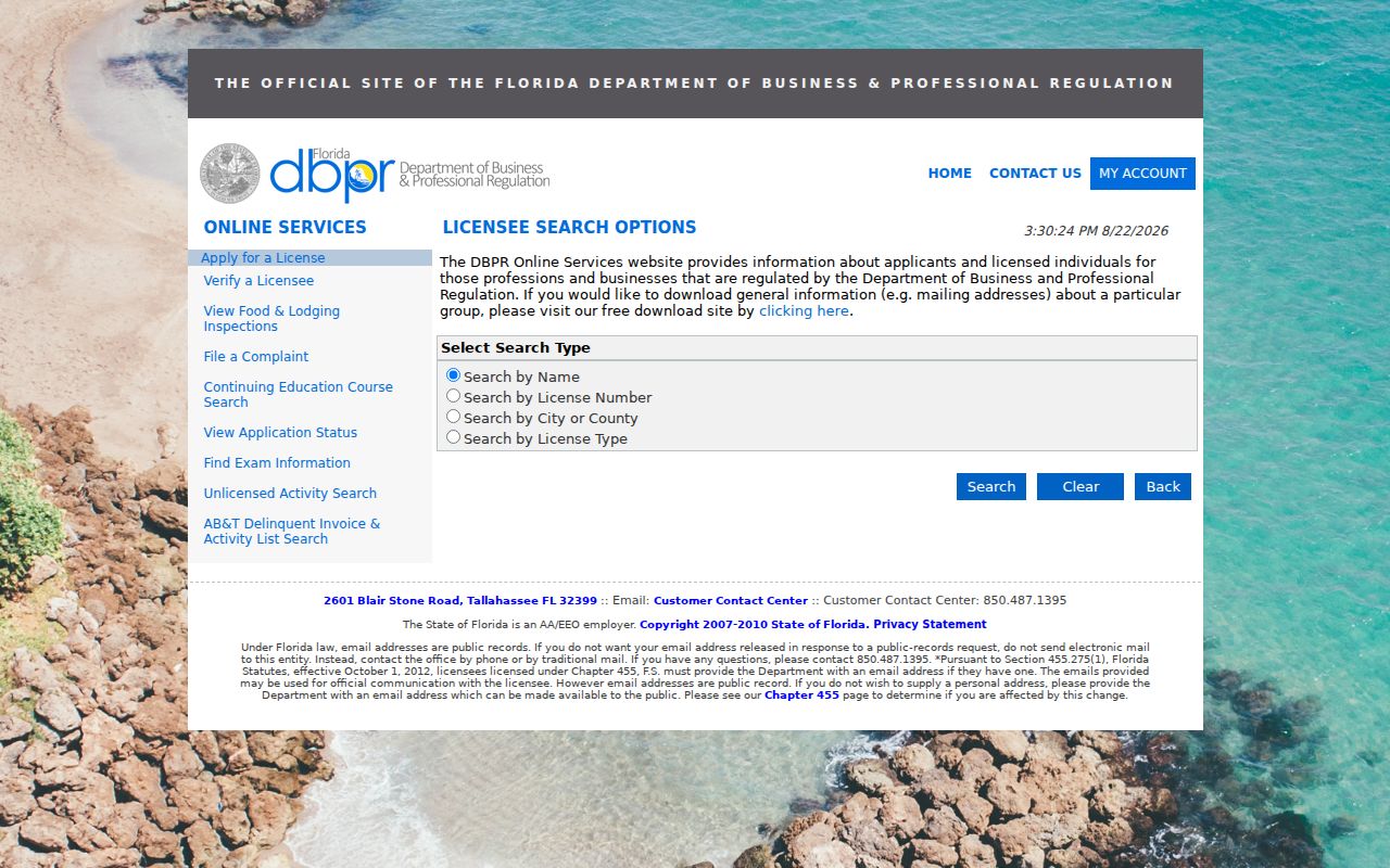 Florida DBPR professional license name and location search