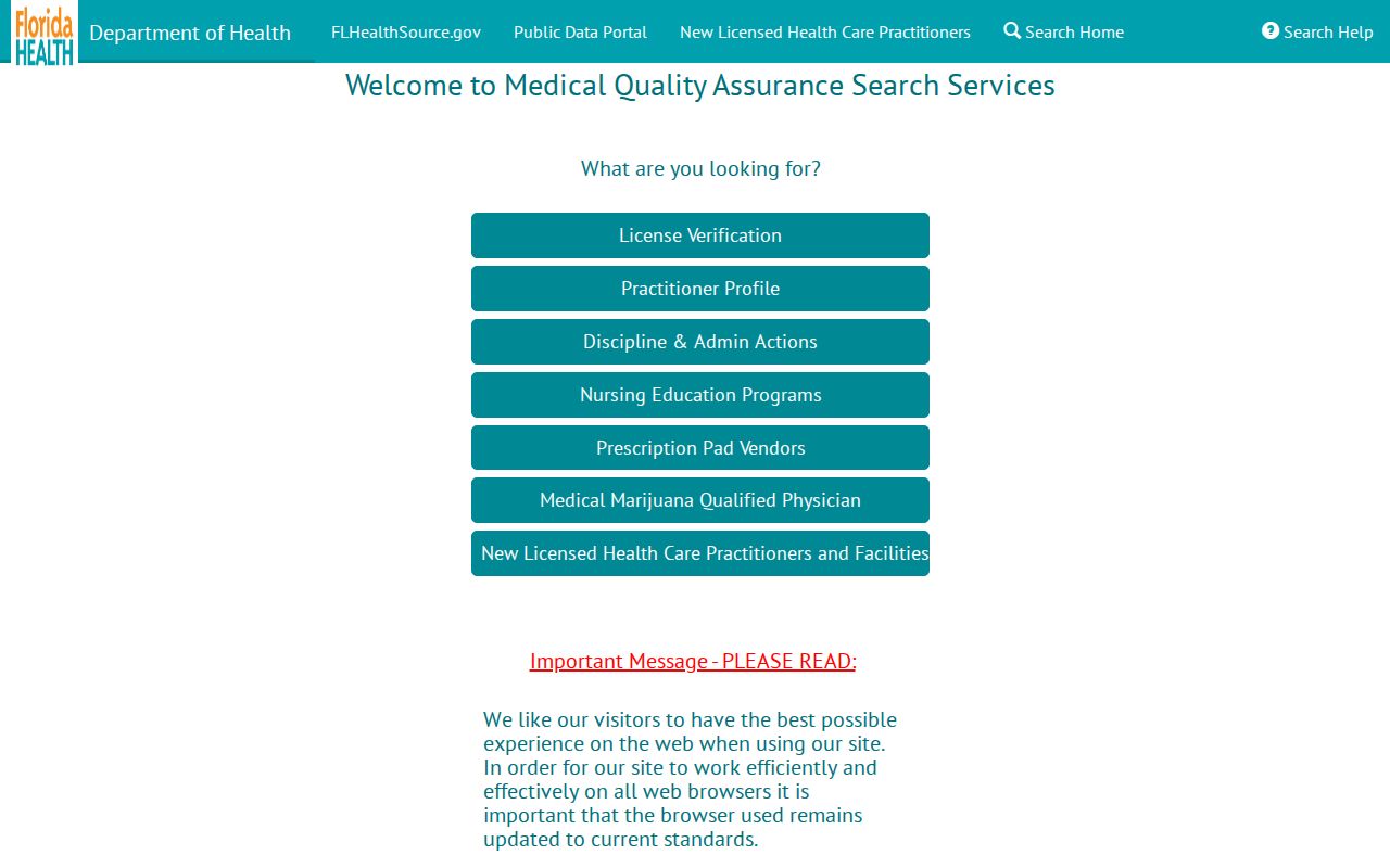 Florida MQA health practitioner search used to verify a Port St. Lucie professional