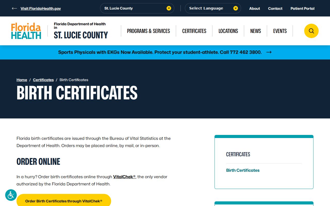 Florida Department of Health local birth certificate service for Port St. Lucie residents