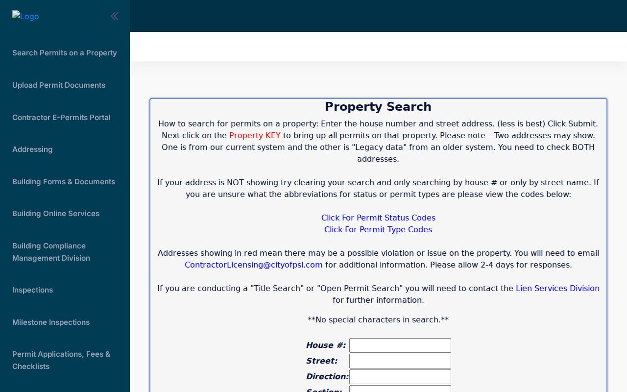 Port St. Lucie street directory city permit search